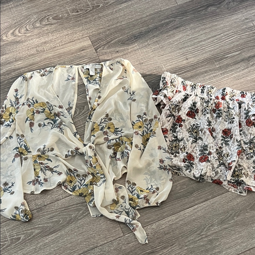 Forever 21 Floral Sheer Kimono and Lace off shoulder top